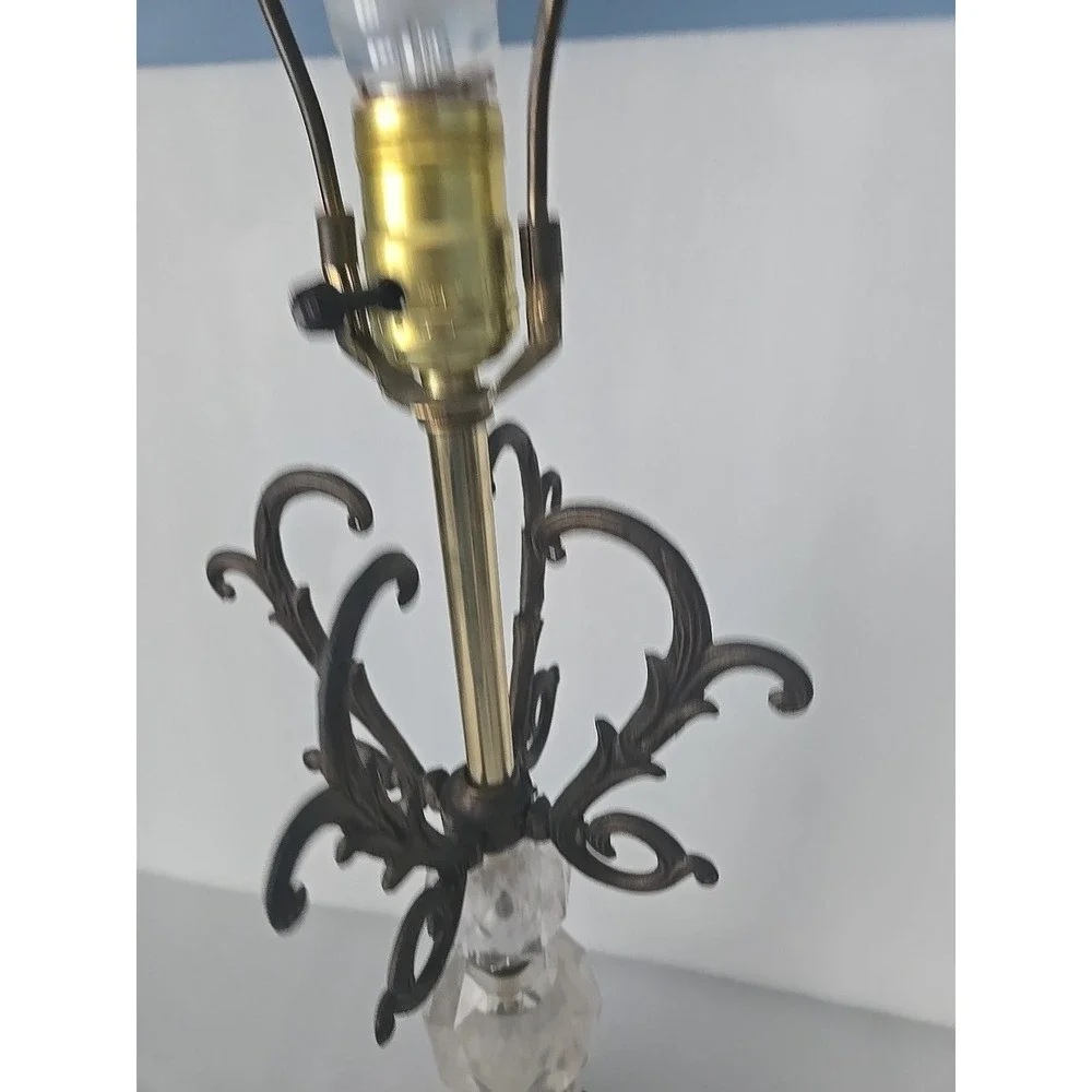 Vtg Hollywood‎ Regency Lamp Bronze Scrolls Marble Base Crystal Glass Belly 1970s